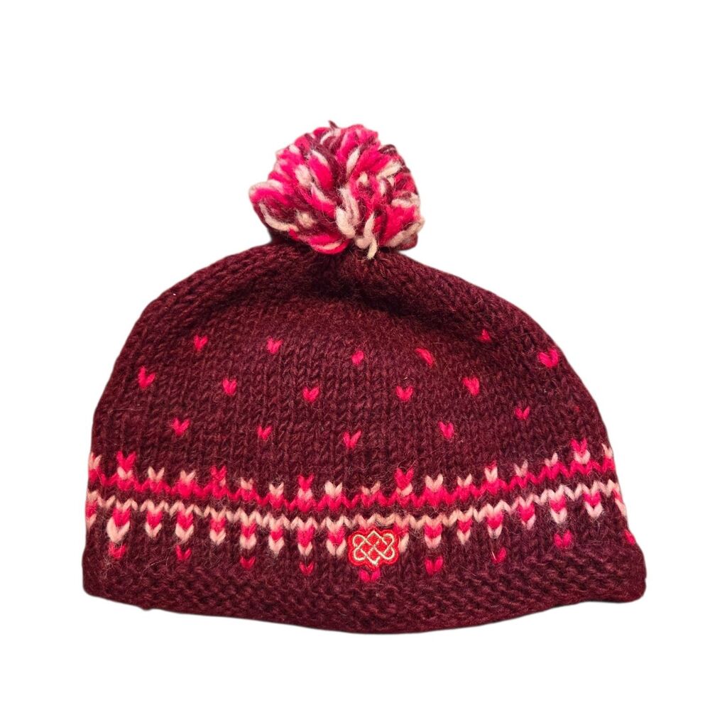 Sherpa Adventure Gear Knit Pom Beanie Hat Burgundy Pink Geometric Fleece L/XL